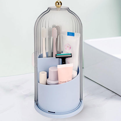 QIYVLOS Toothbrush Holders with Sliding Lid, Rotating 3 Slots Bathroom Organizer Countertop, Tooth Brush Toothpaste Holder Bathroom Counter Stand Sink Organizer Caddy for Vanity Makeup Brushes Holder