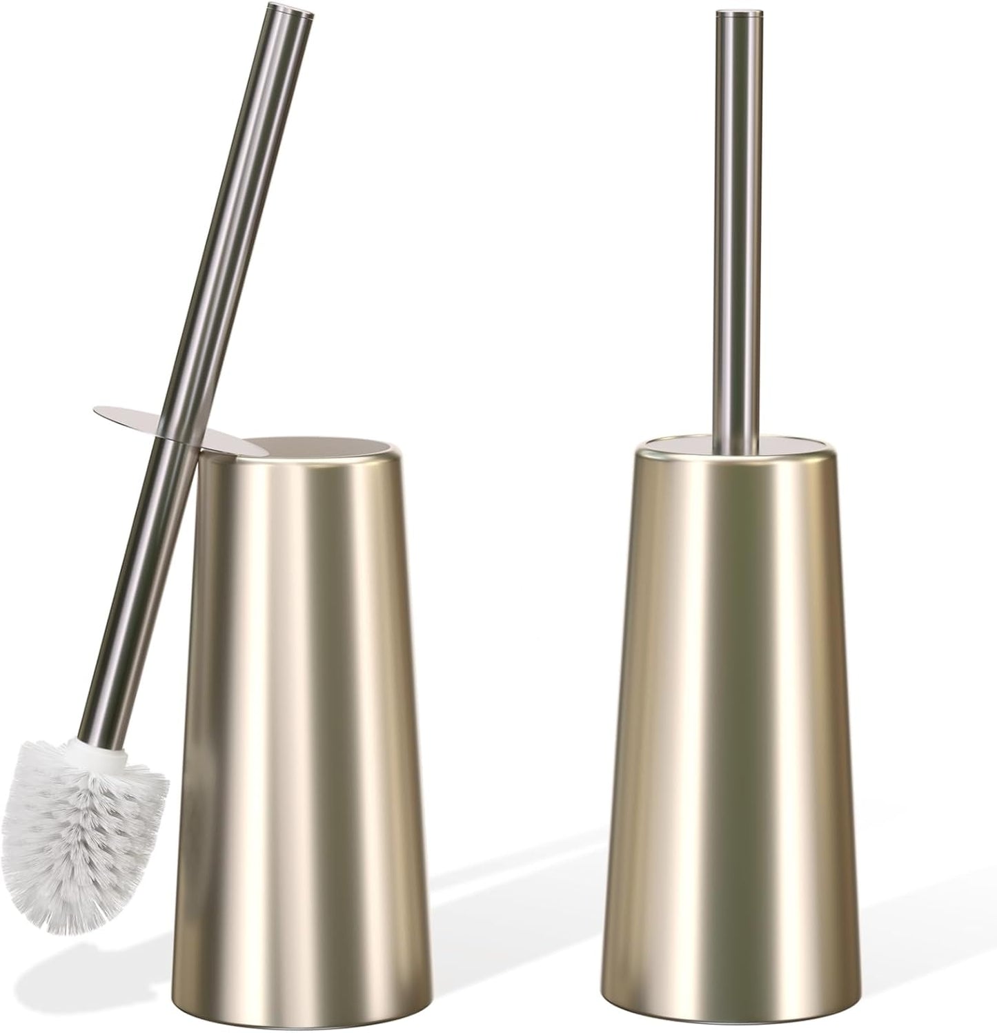 2 Pack Toilet Brush and Holder-with 304 Stainless Steel Long Handle-Toilet Bowl Brush for Bathroom (Champagne Gold)