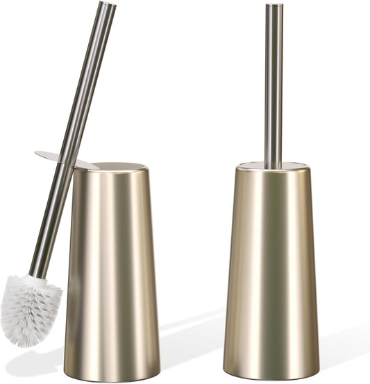 2 Pack Toilet Brush and Holder-with 304 Stainless Steel Long Handle-Toilet Bowl Brush for Bathroom (Champagne Gold)