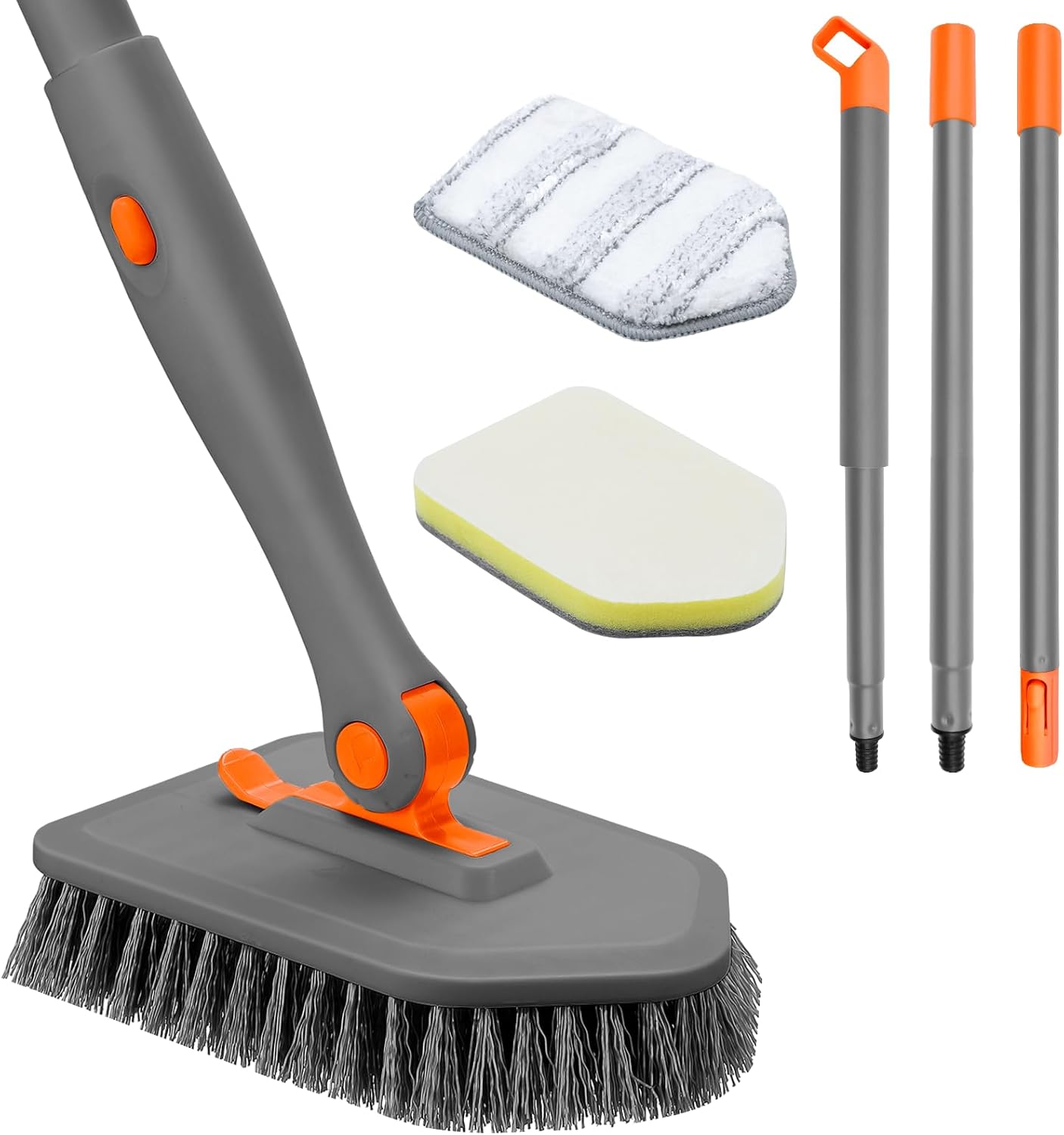 nacena Shower Scrubber with Long Handle, 3 in 1 Tile Tub Scrubber Brush with 3 Detachable Cleaning Heads Adjustable Handle Shower Cleaner Brush for Bathroom, Kitchen, Toilet, Wall, Sink, Blue White