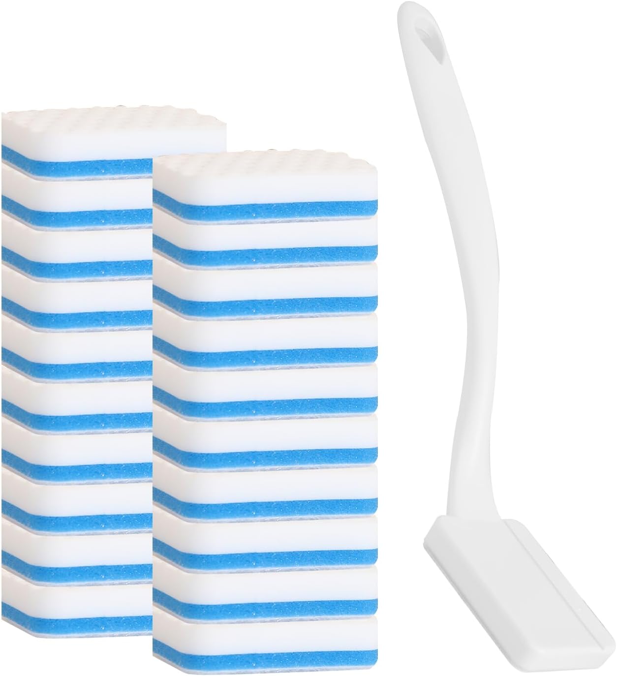 Magic Sponge Eraser Brush with Handle - 20 Pack Replacement Pads, Easy Swap Hook & Loop Fastener, Cleaning Tool for Kitchen, Bathroom, Tile, Sink & Baseboards (White, 1 Handle + 20 Replacement Heads)