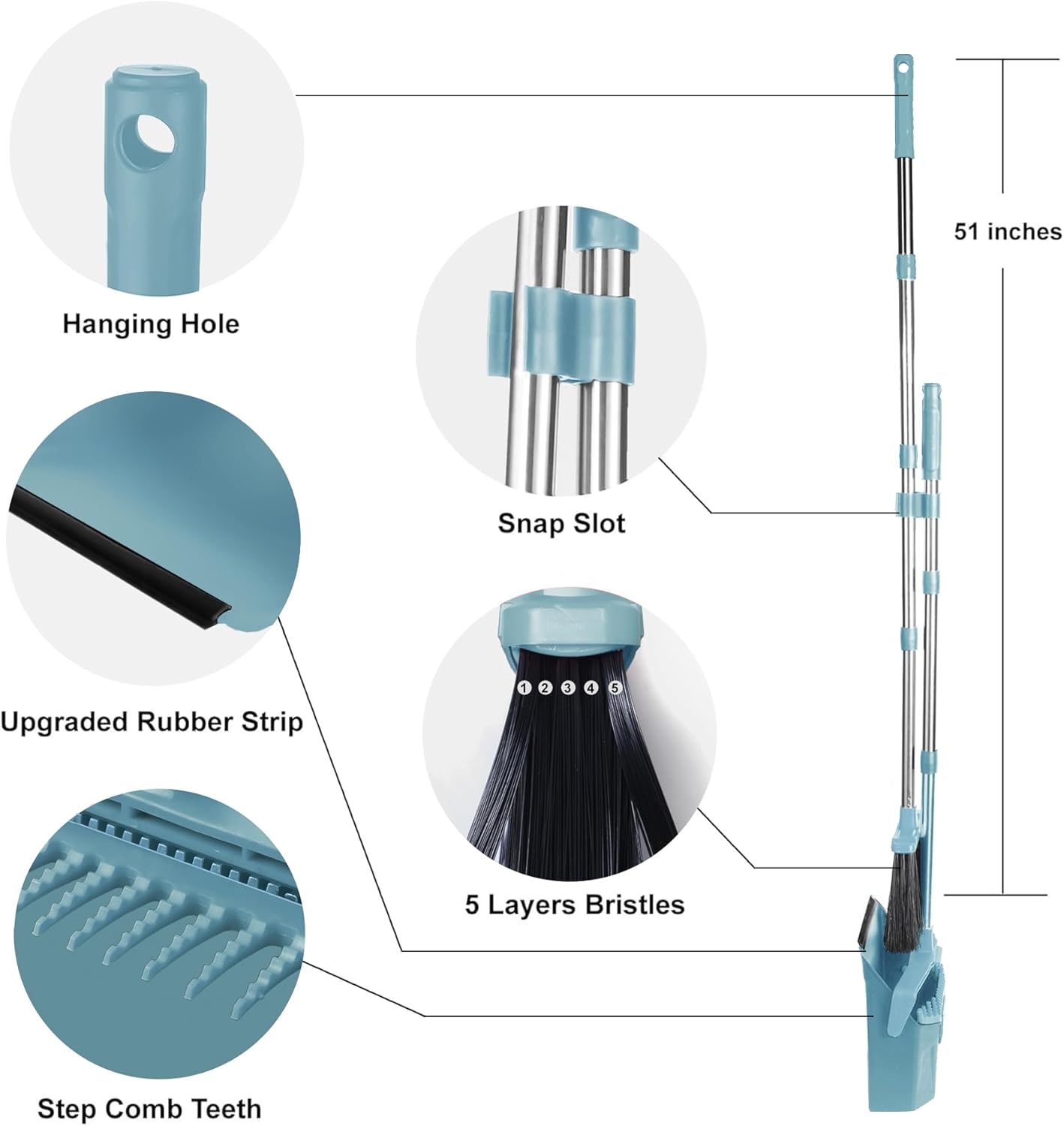Tiumso Upgrade Broom and Dustpan Set, Broom with Dustpan Combo Sets, Large Brooms and Dust Pan with Handle, Self-Cleaning Dust Pans, Heavy Duty Broom and Dustpans Set for Lobby Kitchen Office - Green