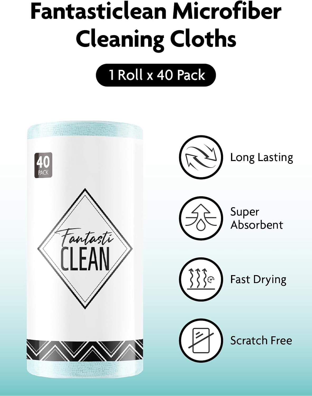 Fantasticlean Microfiber Cleaning Cloth Roll -40 Pack, Tear Away Microfiber Towels, 12" x 12", Reusable, Washable, Scratch Free, Ultra Absorbent Dishcloth for All-Around Cleaning Supplies (White)