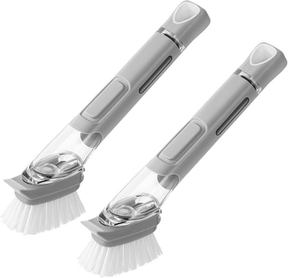 SUBEKYU Dish Brushes with Soap Dispenser, Kitchen Dish Scrubber Brushes with Handle, Dishwashing Cleaning Scrubbers for Dishes/Pans/Pots, Black, 2Pack