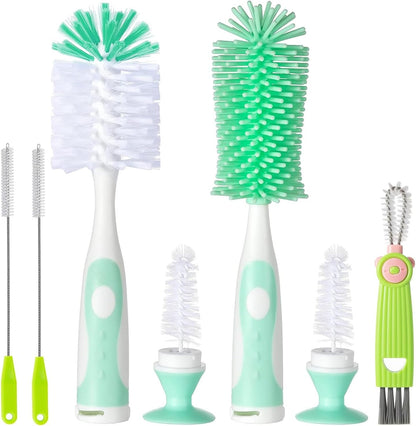 Baby Bottle Brush Set 4 in 1, Baby Bottle Cleaner, with 1P Nylon Bottle Brush, 1P Bottle Cap Brushes, 2P Straw Brushes, Bottle Brush with Nipple Cleaner and Suction Cup, BPA-Free(Green)