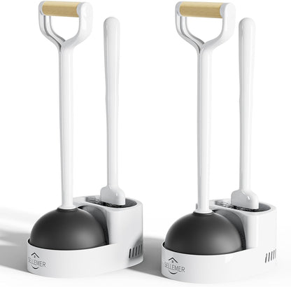 Sellemer Toilet Brush and Plunger Set, Curved Design Head for Deep Cleaning, Heavy Duty Toilet Bowl Brush and Plunger Combo with Holder for Bathroom Cleaning, Black, 2 Pack