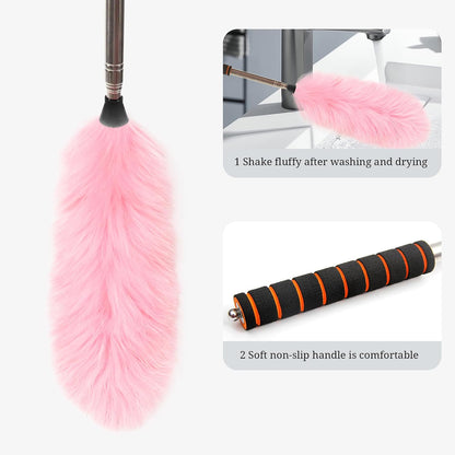 Extendable Lambswool Duster Stainless Steel Handle 133" Removable Feather Duster for Cleaning Ceiling Fans Interior Roof Furniture, Brown