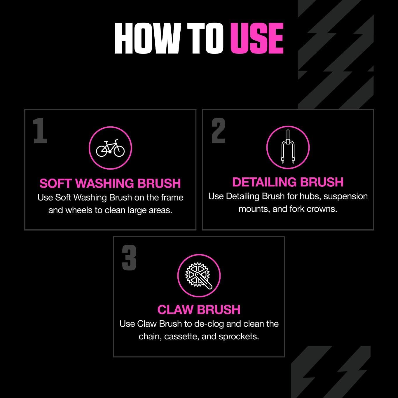 Muc-Off 220 3 Piece Premium Brush Kit - Includes 3 Bike Cleaning Brushes With Durable Nylon Bristles And Ergonomic Rubberised Handles To Minimise Impact