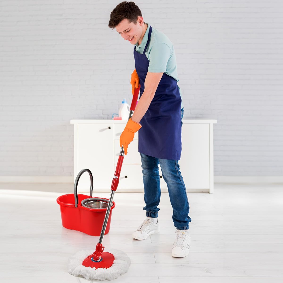 Spin Mop and Bucket with Wringer Set, 360° Spinning Mop and Bucket System with Double Cotton Tip Replacement Heads and Stainless Steel Adjustable Handle for Floor Cleaning (20QT)