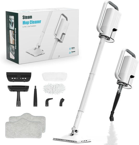 6-in-1 Steam Mop, 1200W Rotated Steam Cleaner for Home, 2 Modes, 400ML Removable Tank, 23FT Power Cord, 2 Pads, Multi-Surface Steamer for Hard Floor, Laminate Floor, Tiles Cleaning (Stone White)