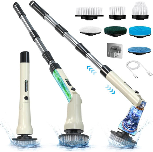 Electric Spin Scrubber, Hillyfe Bathroom Scrubber Electric with 7 Replaceable Brush Heads, IPX7 Waterproof,300/400 RPM, 3 Adjustable Length,Scrubber Brush Electric for Bathtub Floor,White