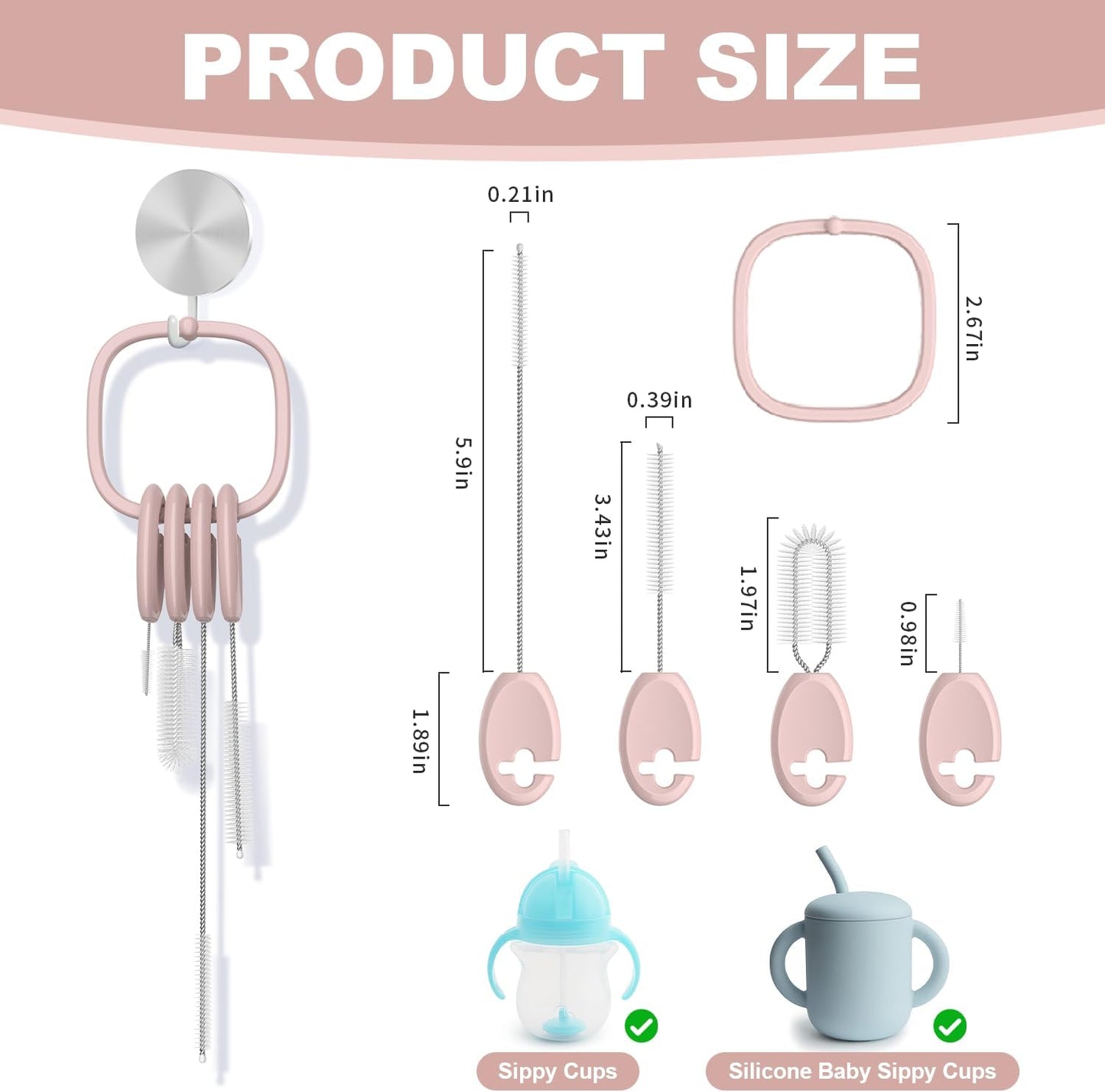 YOTIME 4in1 Straw Cleaner Brush Set, Reusable Standing Straw Brushs with Holder Ring, for Wide and Narrow Straws, Tumblers, Water Bottles and Cups, Pink