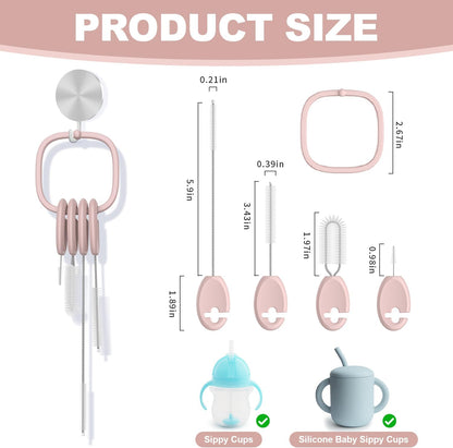 YOTIME 4in1 Straw Cleaner Brush Set, Reusable Standing Straw Brushs with Holder Ring, for Wide and Narrow Straws, Tumblers, Water Bottles and Cups, Pink