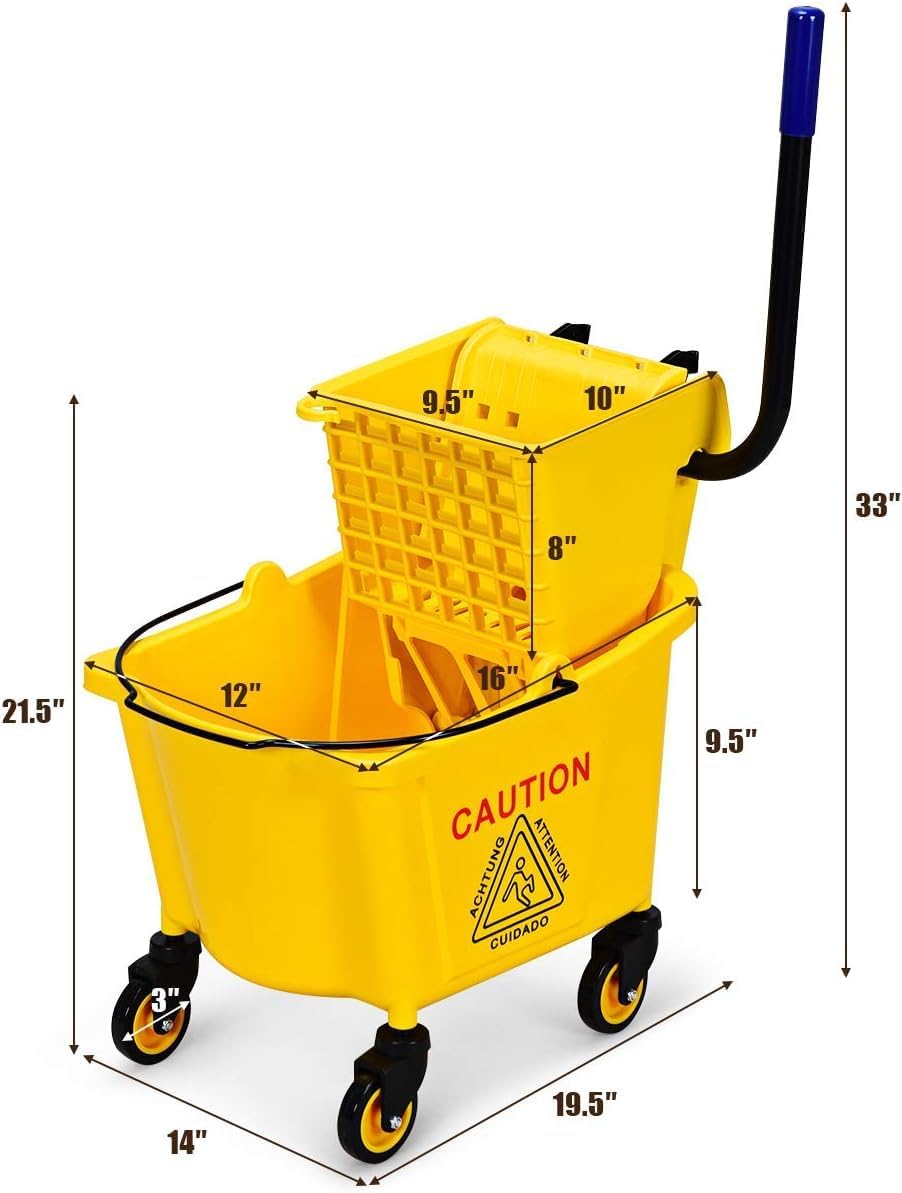 Mop Bucket, Commercial Bucket for Mopping on Wheels with Potable Handle, Mop Bucket with Wringer for Home, Household, Office, Bathroom, Yellow (25 Quarts)