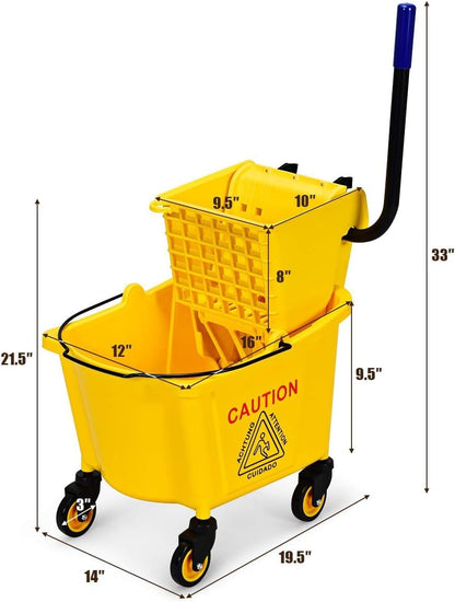 Mop Bucket, Commercial Bucket for Mopping on Wheels with Potable Handle, Mop Bucket with Wringer for Home, Household, Office, Bathroom, Yellow (25 Quarts)
