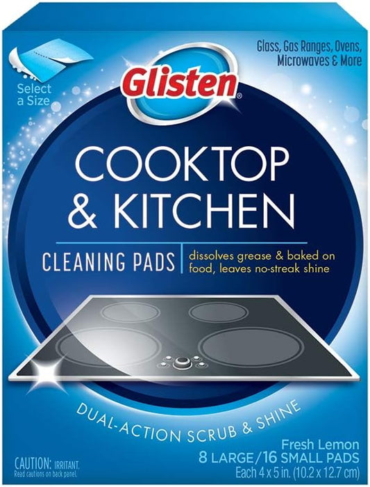 Glisten Cooktop and Kitchen Cleaning Pads for Glass, Gas Ranges, Ovens, Microwaves, and More, Dissolves Grease and Baked on Foods, Lemon Scent, 24 Large Pads or 48 Small Pads
