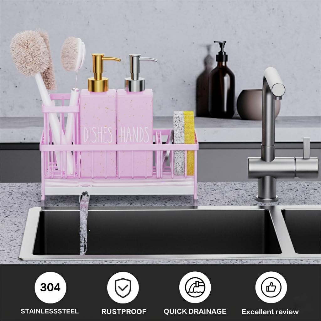 Cisily Kitchen Soap Dispenser Set with Sink Caddy, 12 Oz Glass Bottle, Hand and Dish Soap Dispenser Set with Sponge Holder, Black Stainless Steel Kitchen Countertop Sink Organizer Accessories