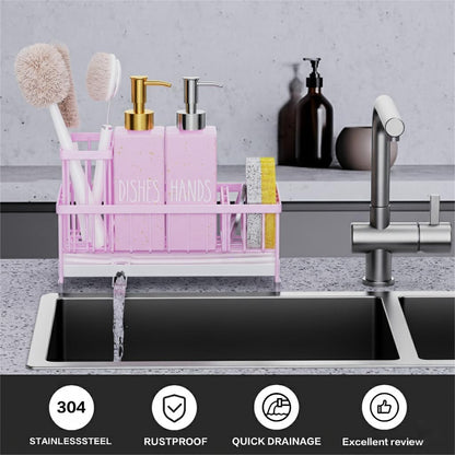 Cisily Kitchen Soap Dispenser Set with Sink Caddy, 12 Oz Glass Bottle, Hand and Dish Soap Dispenser Set with Sponge Holder, Black Stainless Steel Kitchen Countertop Sink Organizer Accessories