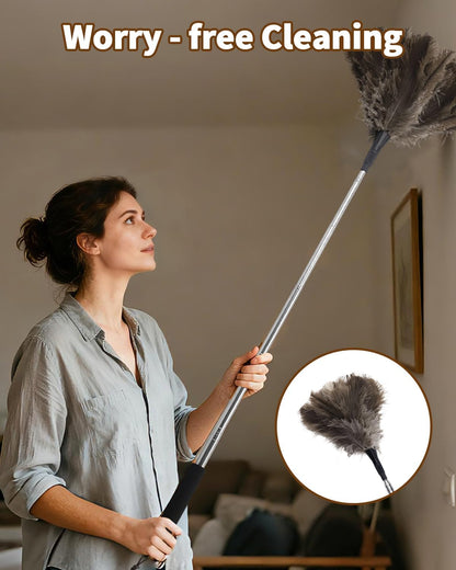 Extendable Ostrich Feather Duster with Bonus Wool Feather Duster Head - Natural Fluffy Non-Slip Handle Feathers Dusters for Cleaning Ceiling Fans, Blinds, Roof Dusting, High Surfaces (18-48 in)
