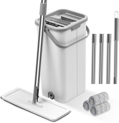 Flat Floor Mop and Bucket Set with Wringer, Flat Mops for Floor Cleaning, Wall Mop Cleaner with Long Handle, Hardwood Floor Mop with 3 Microfiber Pads (F)
