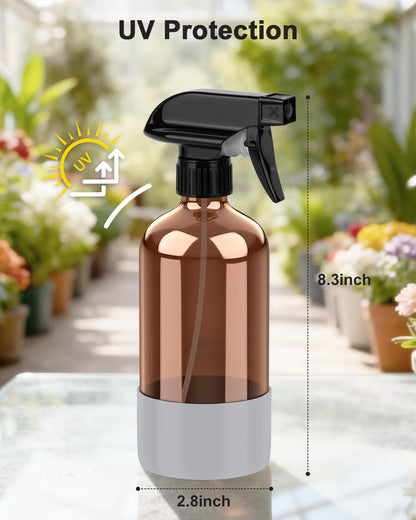 Bontip Amber Glass Spray Bottle with Silicone Sleeve Protection, 16 oz Refillable Spray Bottles for Cleaning Solutions, Plants, Aromatherapy, Facial Hydration (1, Black, 16 oz)