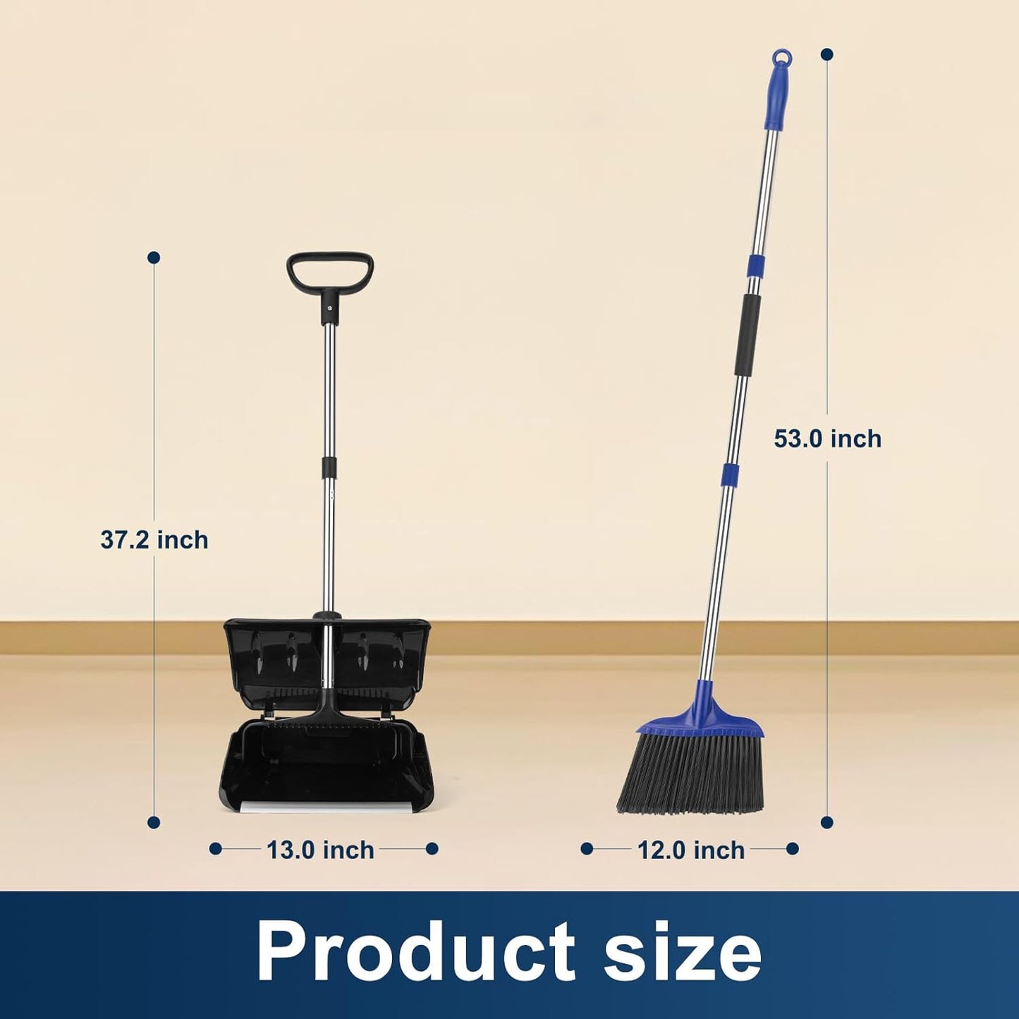 Indoor/Outdoor Heavy Duty Broom and Dustpan Set,Upright Plastic Commercial Dust Pan with 2 Brooms Perfect for Sweeping Courtyard Garage Lobby Kitchen Office Mall Market Shop Floor