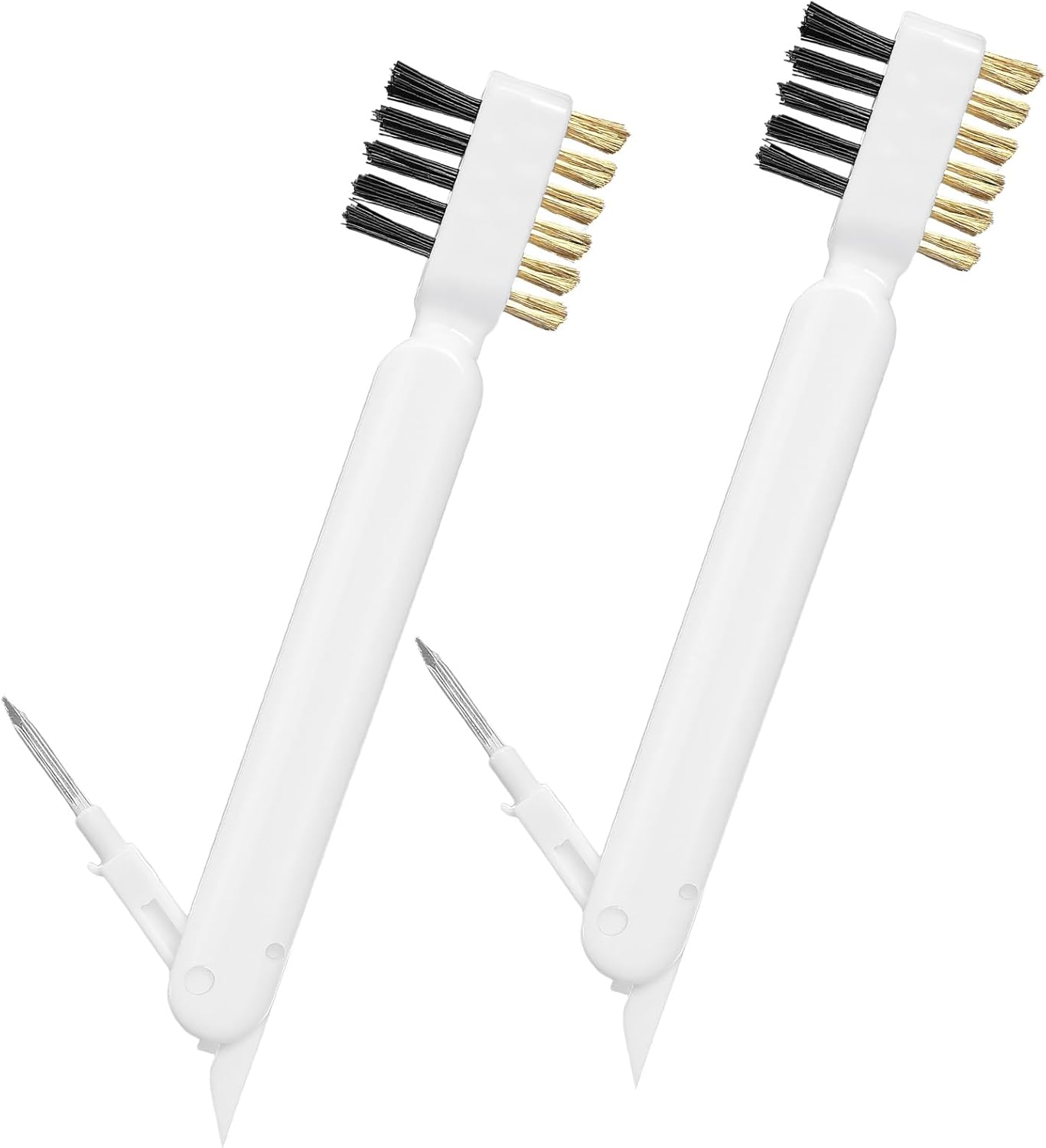 2Pcs Kitchen Cleaning Scrub Brush, 4 in 1 Deep Gas Stove Brass Wire Brush with Stiff Bristles and Cooktop Scraper Stainless Steel Scrubber for Range Hood Grease Grime Rust Cleaner Pot Pan
