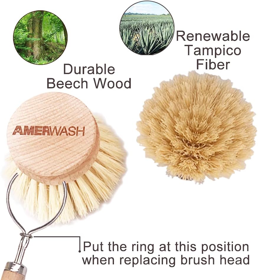 AMERWASH PLUS Dish Brush with Wooden Handle, Natural Kitchen Brush for Dishes Vegetable, Pots and Pans, Tampico Fiber Bristles Scrubber, Extra 3 Pack Replacement Head Included