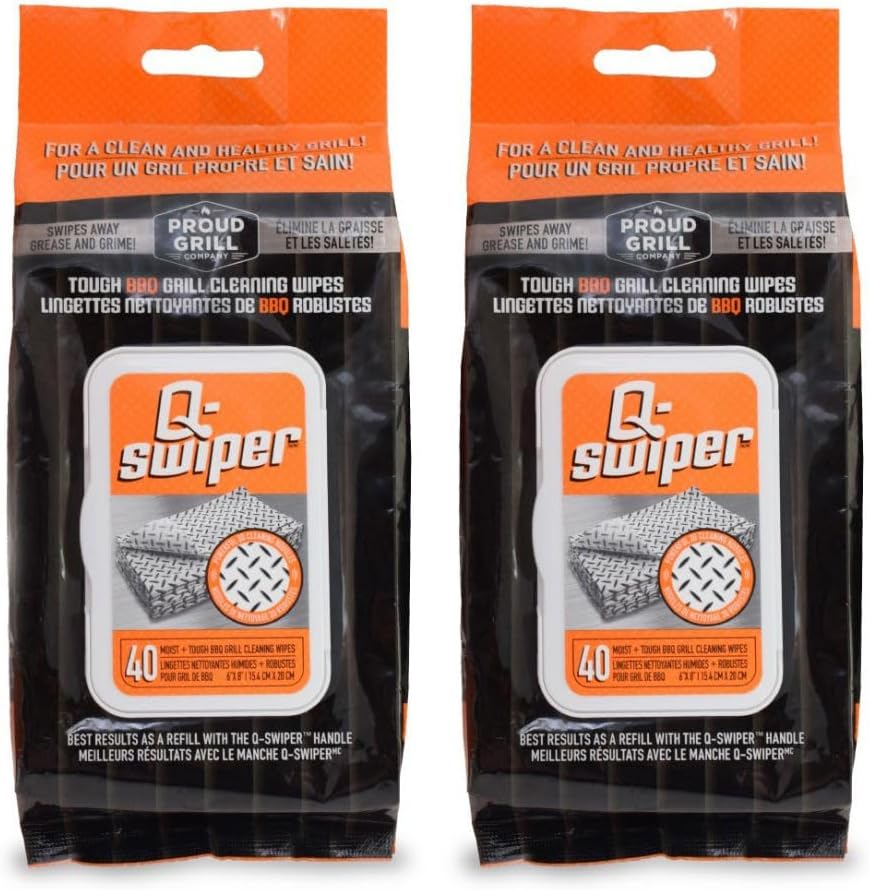 Proud Grill Q-Swiper Grill Cleaning Wipes - Bristle & Wire Free BBQ Cleaner, Heavy Duty Degreaser Wipes, Grease & Grime Remover for Outdoor Barbecue Grills, 40 Count, 1-Pack