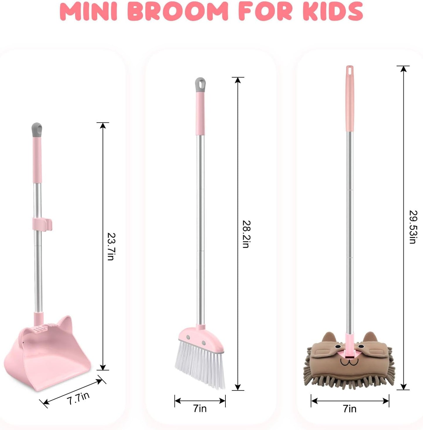 Mini Broom with Dustpan for Kids, 28-in Handle Kids Broom and Dustpan Set for Toddlers Cat-Shaped Children Broom and Cleaning Set Boys Girls Small Housekeeping Helper Set, Pink