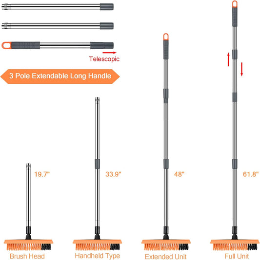 2 in 1 Floor Brush Scrubber with Long Handle Grout Brush 3 Poles 53.5'' New Upgrade Stiff Bristle Cleaning Scrub Brush with Squeegee 120°Rotating Tile Brush for Cleaning Bathroom Glass Patio Kitchen