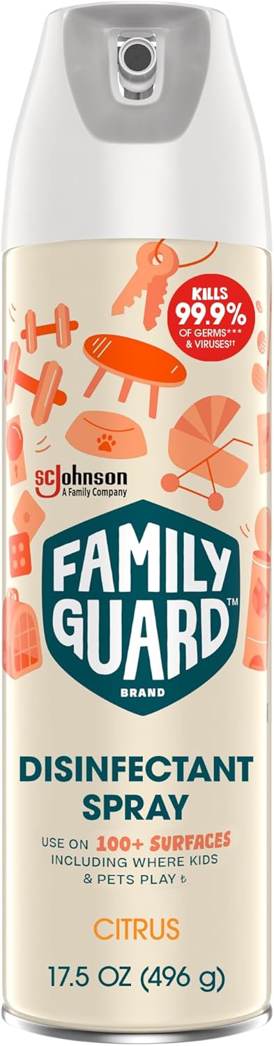 FamilyGuard Disinfectant Spray Aerosol, Antibacterial & Sanitizing Spray, Use on 100+ surfaces including where kids & pets play, Citrus Scent, 17.5 oz (Pack of 1)