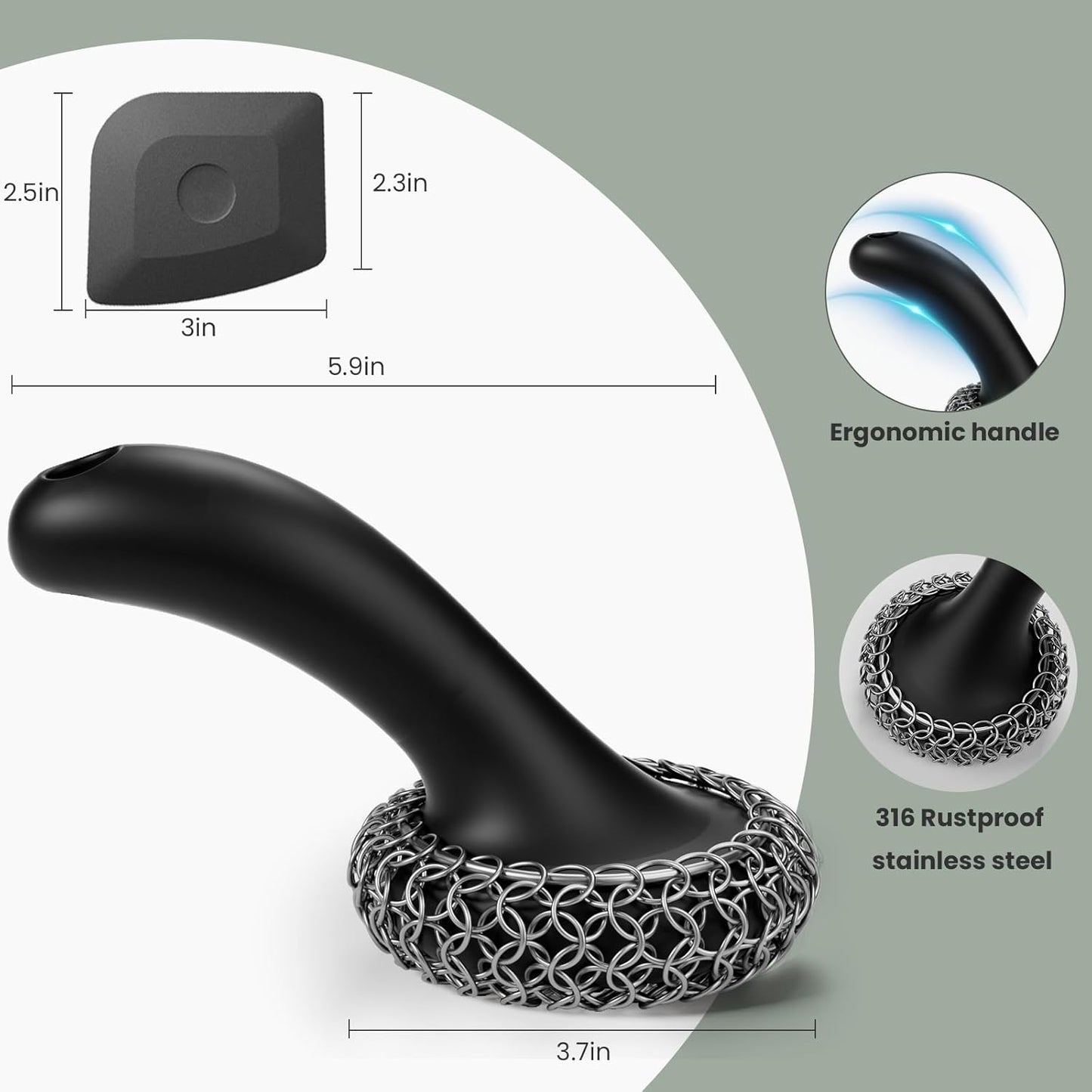 Cast Iron Scrubber with Long Handle | 316 Cast Iron Cleaner Chainmail Scrubber for Pan Skillet Cleaner - Dish Scouring Pad Dishwasher Safe Cleaning Kit (Blue, 1 Scrubber + 1 Scraper)