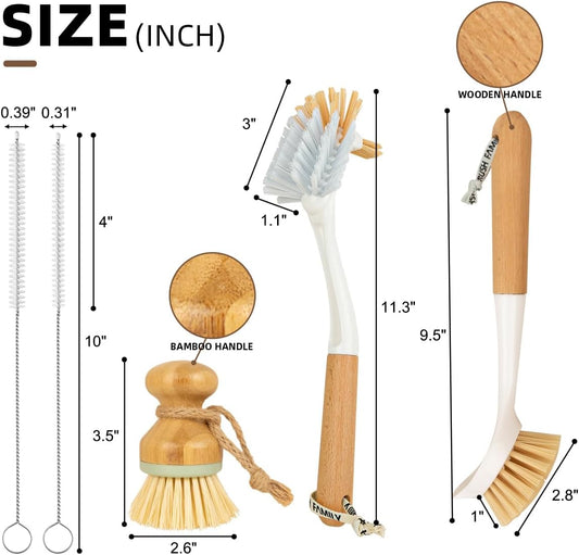 5 Pack Kitchen Dish Brush Set with 2 Dish Brush, Palm Scrub Brush and 2 Straw Brush for Kitchen Dishes Bottle Cup Pot Pans and Straws