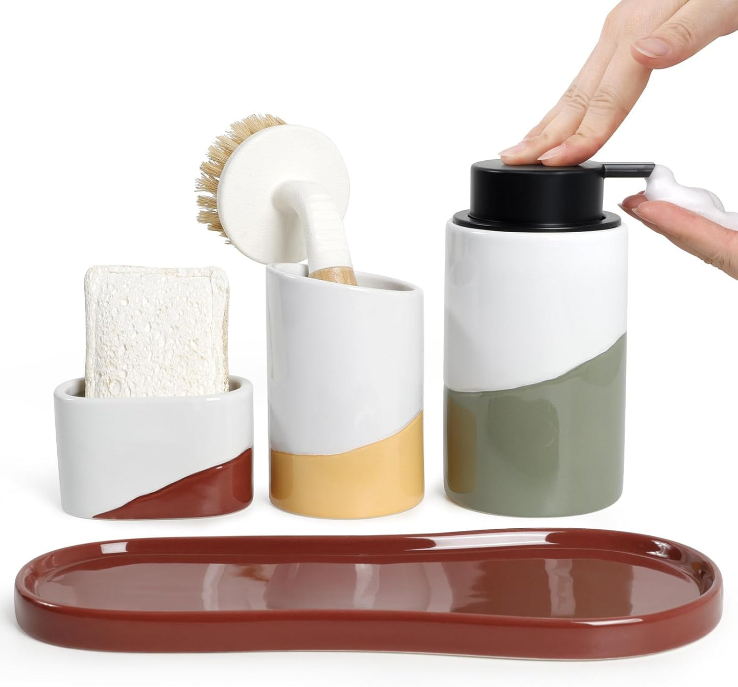 BosilunLife Kitchen Sink Caddy Set – 4-Piece Ceramic Soap Dispenser 12oz with Sponge & Utensil Holders on Drip Tray for Kitchen & Bathroom Countertop Organization (Liquid Pump)