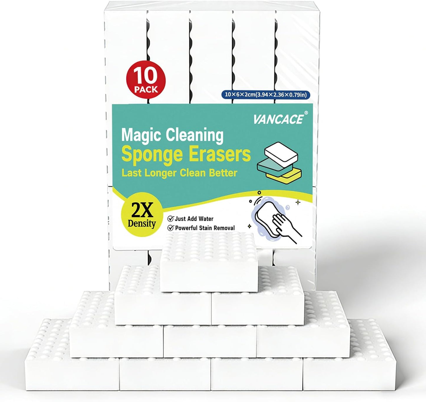 Magic Sponges Cleaning Eraser 10 Pack, 2X Compressed Melamine Sponge Cleaner, Melamine Foam All Purpose Cleaning Pads, Heavy Duty Stain Remover for Home Kitchen Bathroom Sneaker Car (10)