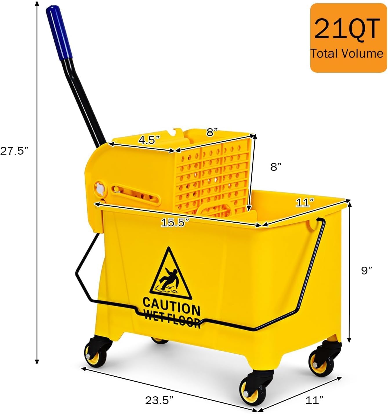 Mop Bucket, Commercial Bucket for Mopping on Wheels with Potable Handle, Mop Bucket with Wringer for Home, Household, Office, Bathroom, Yellow (25 Quarts)