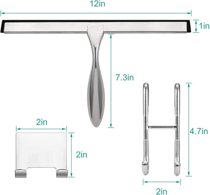 Shower Squeegee for Glass Doors,12-Inch Shower Glass Squeegee, Sliver Shower Squeegee for Shower Doors,Mirror,Windows, with Shower Door Hook and Adhesive Hook
