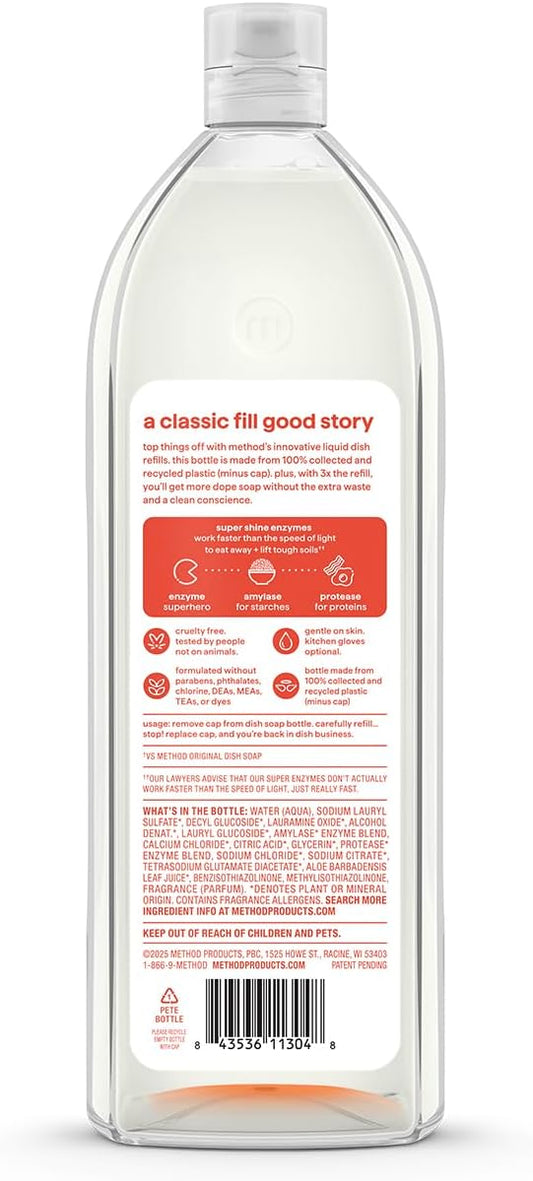 Method Super Shine Liquid Dish Soap Refill, Powered by Enzymes, Free + Clear, Unscented, 48 fl oz