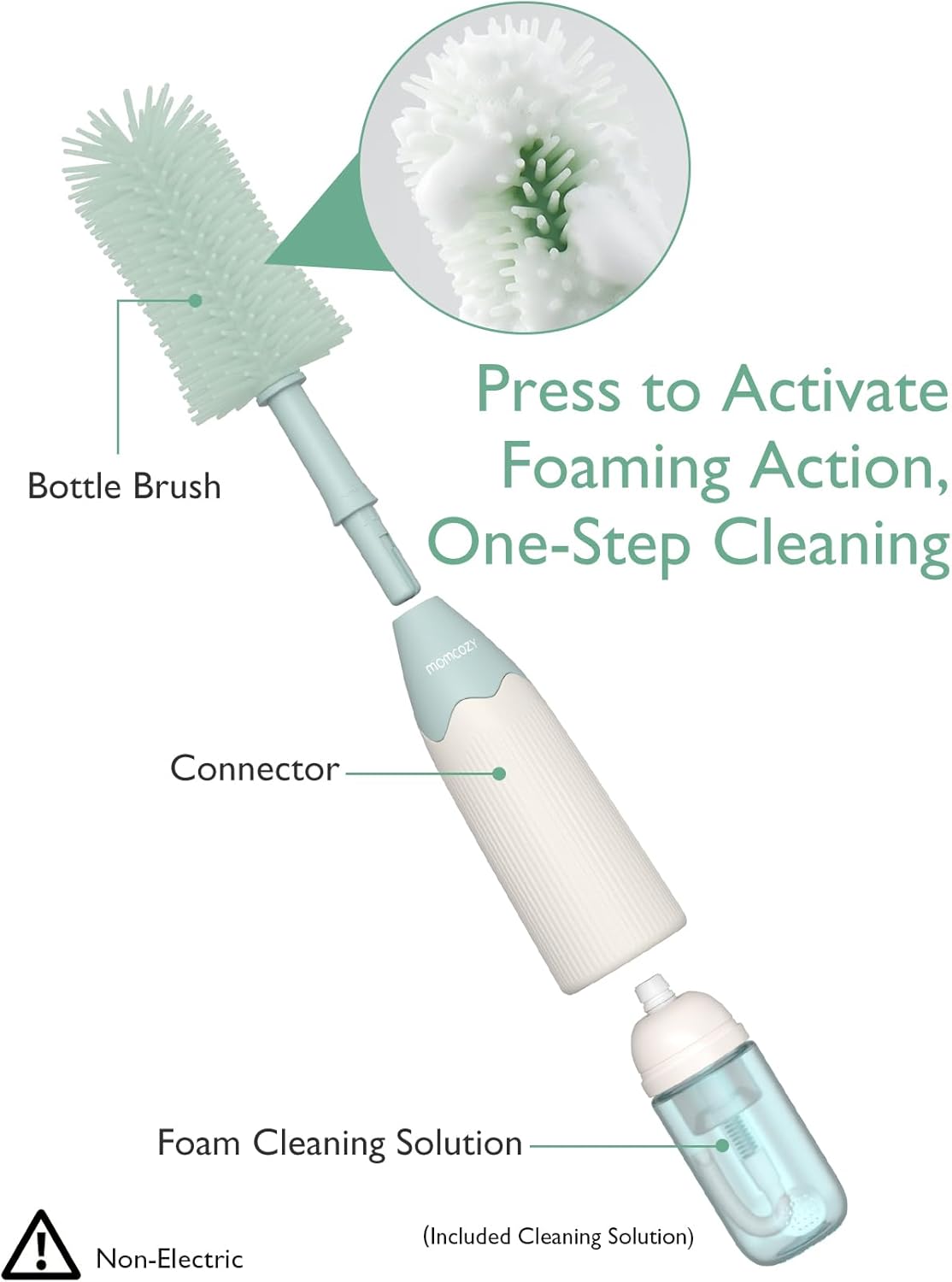 Momcozy Bottle Brush Set - Baby Bottle Cleaner Kit with Silicone Brush, Nipple Brush, Straw Brush, Soap Dispenser, Drying Rack - 7 in 1 Bottle Cleaning Tool for Home and Travel, Green