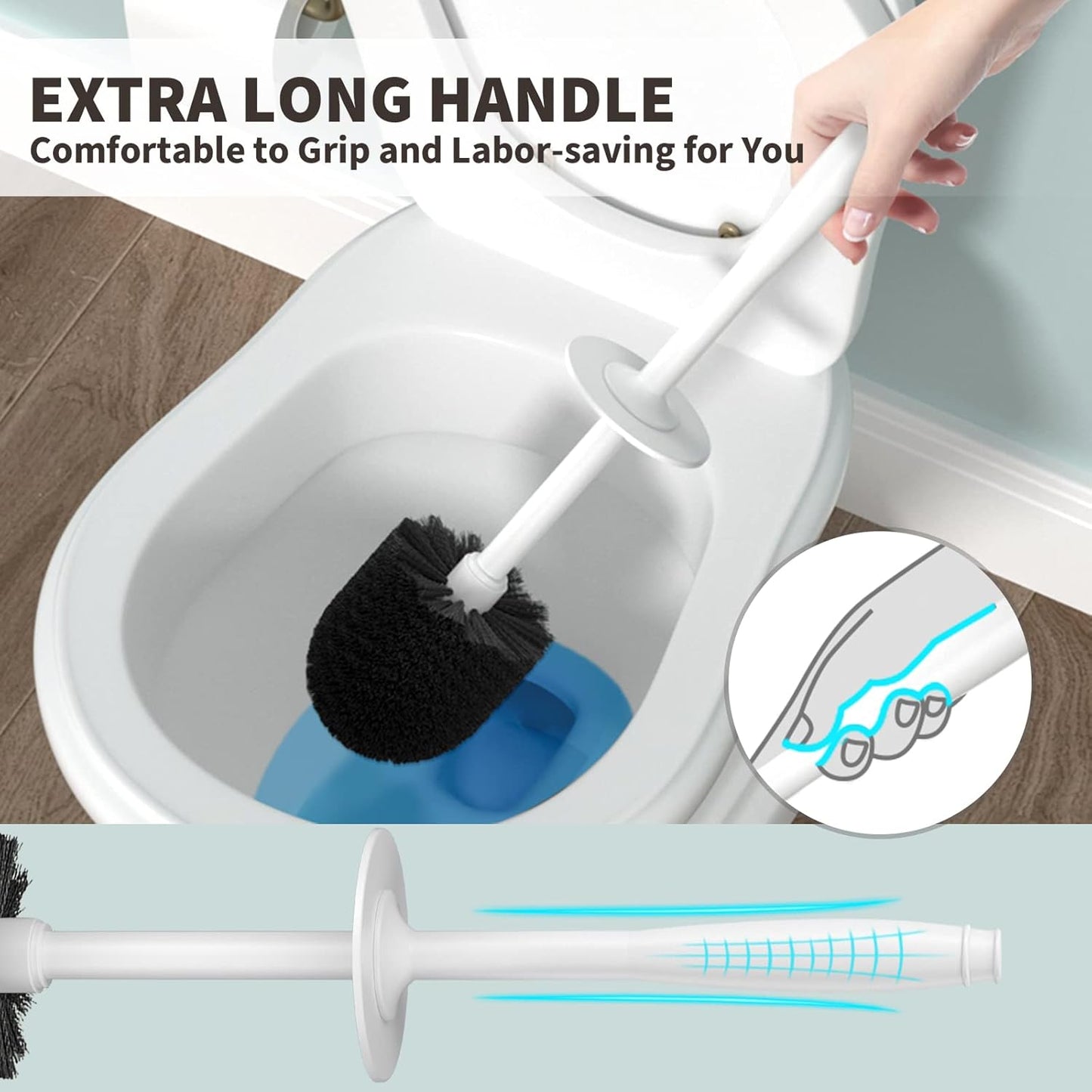 Toilet Brush and Holder 2 Pack, Toilet Bowl Brush with Extra Long Handle, Toilet Scrubber and Covered Holder, Toilet Brushes for Bathroom-Space Saving, Covered Brush, Durable, Deep Cleaning(Black)