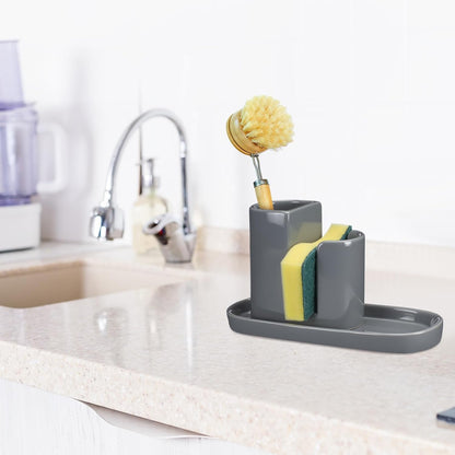 Geelin 3 in 1 Ceramic Kitchen Sink Caddy Dish Sponge Holder Scrub Brush Holder and Soap Tray for Kitchen Organizer White Rustic Farmhouse Supplies(White)