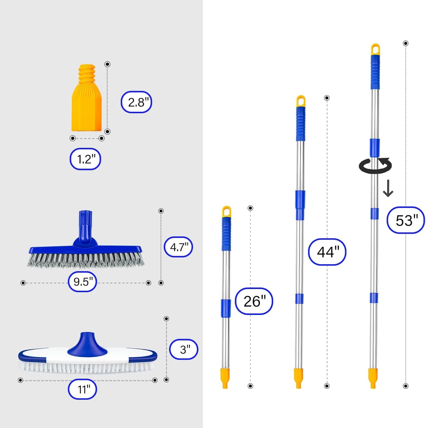 ITTAR Grout Brush with Long Adjustable Handle, Swivel Scrub Brush, V-Shape Grout Line Scrubber with Stiff Bristle for Deep Cleaning Tile Grout, Shower, Kitchen, Hard-to-Reach Corners