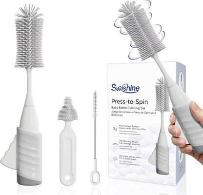 Baby Bottle Brush Set, Innovative Efficient Press-to-Spin Brush Cleaner - Includes Silicone Bottle Brush, Nipple Brush, Straw Cleaner - Spinning Generates Rich Foam for Deep Cleaning, Blue