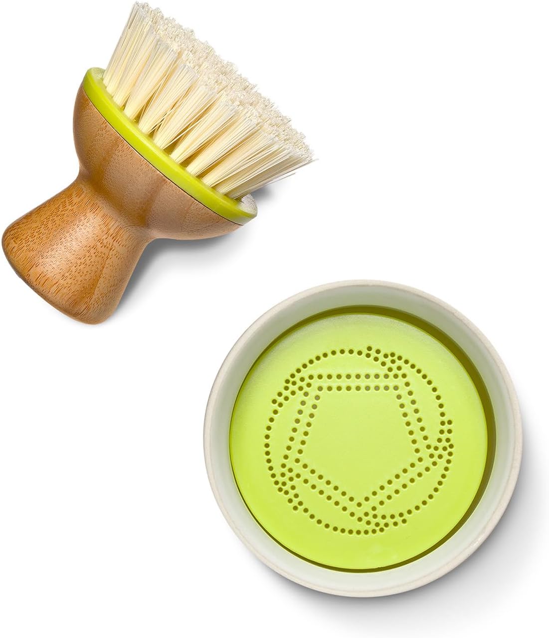 Full Circle Bubble Up Bamboo Dish Brush & Ceramic Soap Dispenser – Family Safe, Formaldehyde-Free – Kitchen Scrub Brush for Dishes, Nonstick & Cast Iron, White
