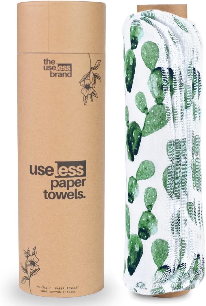 The Useless Brand Reusable Paper Towels Roll | 12 Eco Friendly Washable Cotton Flannel Towels w/Cardboard Roll | Zero Waste & Sustainable | Fits on Most Holders (Lemons, 12 Pack)