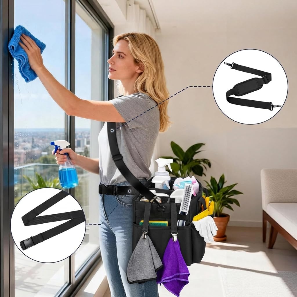 Ytonet Wearable Cleaning Caddy Bag, Large Cleaning Supplies Organizer with 4 Foldable Dividers, Kitchen Caddy Organizer with Handle & Adjustable Shoulder Straps for Cleaners & Housekeeper, Blue