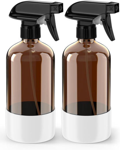 Bontip Glass Spray Bottle with Silicone Sleeve Protection, Amber Glass Spray Bottle Set for Window Cleaner Aromatherapy Facial Hydration Watering Flowers Hair Care 2 Pack/16 oz (Black & Brown)