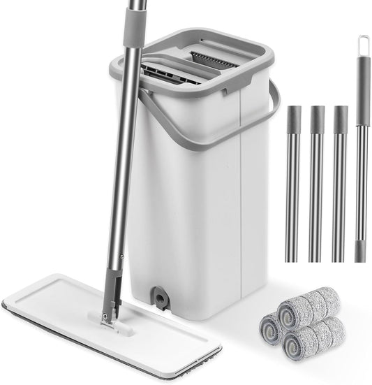 Flat Mop and Bucket System, Separates Dirty and Clean Water, Hands-Free Floor Mop and Bucket with Wringer Set for Home, Include 3 Reusable Microfiber Mop Pads, Home Cleaning for All Floor Types (F)