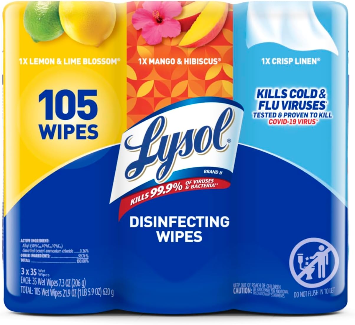 LYSOL® Disinfecting Wipes - (1 Lemon + 1 Mango & Hibiscus + 1 Crisp Linen) 4/(3x35) ct.